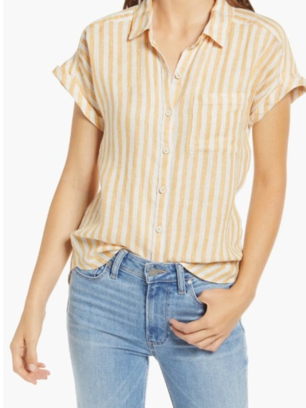 FAHERTY Avery 100% Linen Striped Shirt Yellow and White Button-Down